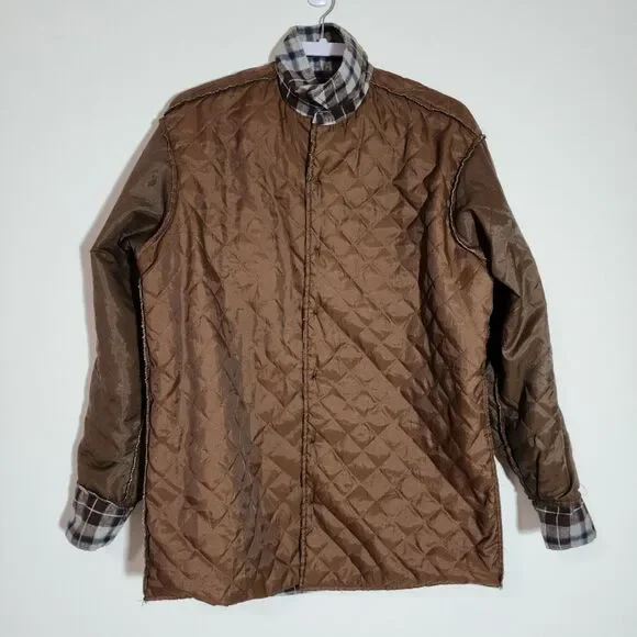 Vtg Perma-Prest Mens Store Plaid Button-Up Shirt Jacket Shacket Brown USA Tall L - Picture 3 of 6